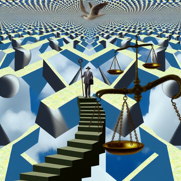 Absolute macht onbeperkt: surrealistische Escher-voorstelling van een heerser Surrealistische voorstelling van een absolute heerser op een oneindige trap in de stijl van M.C. Escher, symboliserend onbeperkte macht en gezag zonder grenzen