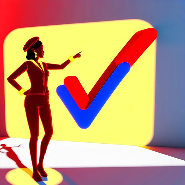 Absolute zekerheid illustratie - onvoorwaardelijk en zonder twijfel leren Minimalistische illustratie van een zelfverzekerde vrouw die naar een grote, gloeiende vink op de muur wijst, symboliserend absolute zekerheid zonder twijfel