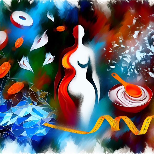 Afvallen en dieet transformatie in abstract expressionistische stijl Abstract expressionistisch schilderij van een figuur dat gewicht verliest, omringd door vervagende zoetigheden en een meetlint, symboliserend dieet en transformatie