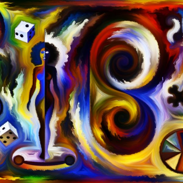 Abstracte kunst over geluk en pech in het leven Abstracte compositie van een persoon in een dynamische omgeving van kleur, symboliserend het onvoorspelbare karakter van het lot.