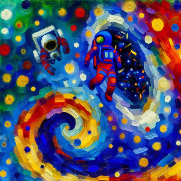Astronaut in het kleurrijke heelal - Abstracte ruimteverkenning voor taalstudenten Abstracte voorstelling van een astronaut die door het kleurrijke heelal zweeft, geschilderd in de expressieve stijl van Karel Appel met sterren, planeten en nevels