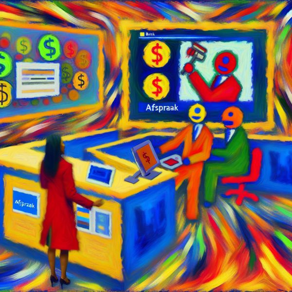 Abstracte voorstelling van bankzaken met felle kleuren en kinderlijke figuren die interactie hebben met een digitale bankscherm en een bankadviseur