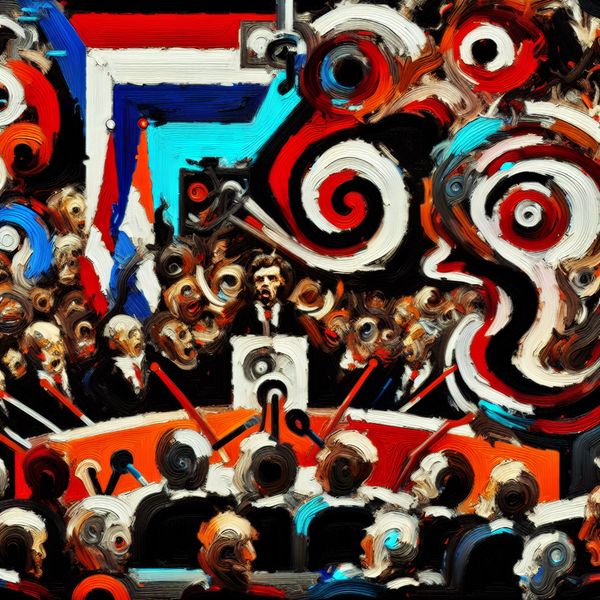Abstract schilderij van een politicus die liegt in de Tweede Kamer, met chaotische en expressieve penseelstreken die bedrog uitbeelden