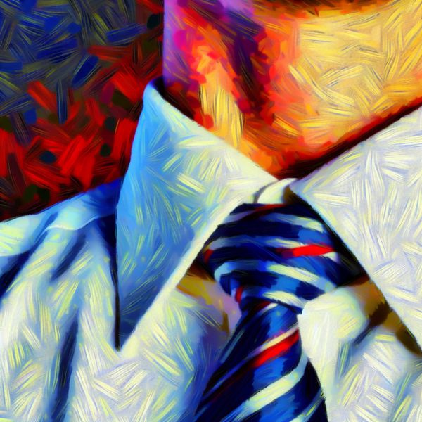 Abstract expressionistische illustratie van een wit overhemdboord met stropdas, dynamische penseelstreken en levendige kleuren