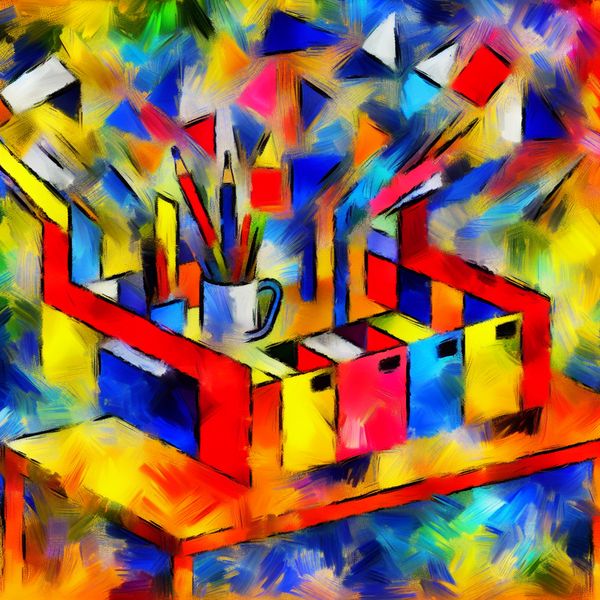 Abstracte voorstelling van een opgeruimd bureau met geometrische vormen van kantoorbenodigdheden in levendige kleuren, geïnspireerd op de stijl van Karel Appel