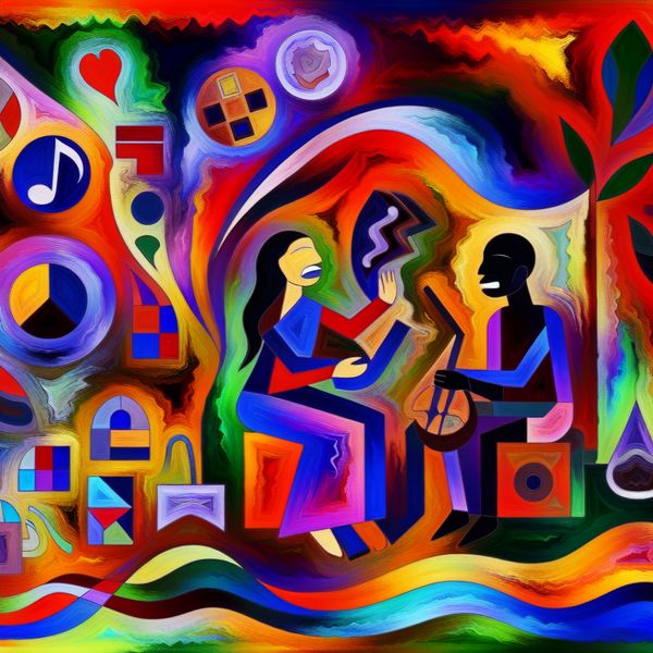 Abstracte Weergave van Culturele Heritage Abstract expressionist kunstwerk dat culturele heritage uitbeeldt met levendige kleuren en symbolen.