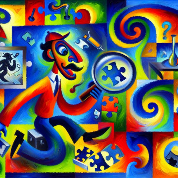 Abstracte voorstelling van een detective die een raadsel oplost met een vergrootglas boven een puzzel met ontbrekende stukjes, omringd door zwevende aanwijzingen en vraagtekens in felle kleuren