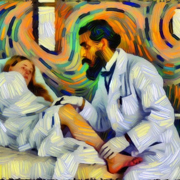 Abstracte voorstelling van een dokter die een patiëntenknie onderzoekt met expressieve penseelstreken en levendige kleuren