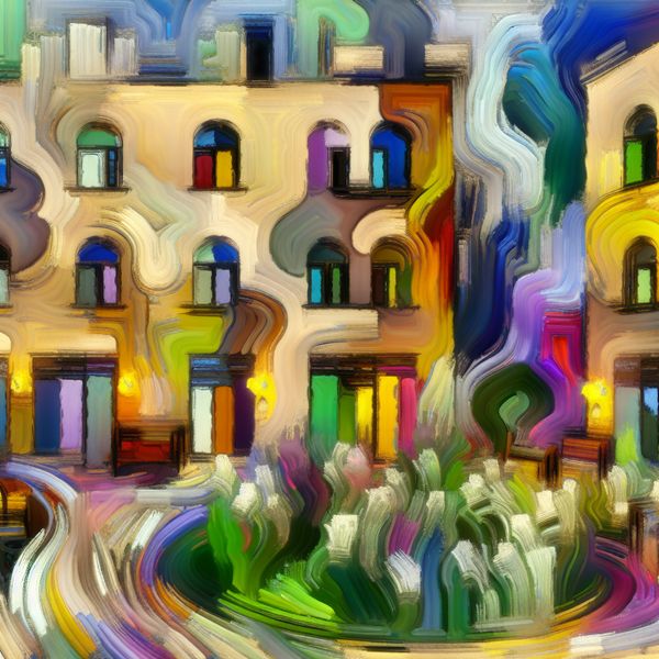 Droomhuis in abstracte stijl: levendige huisvesting in de stad Abstract expressionistisch schilderij van een levendig stadsappartement met chaotische maar uitnodigende sfeer, geschilderd in de stijl van Willem de Kooning