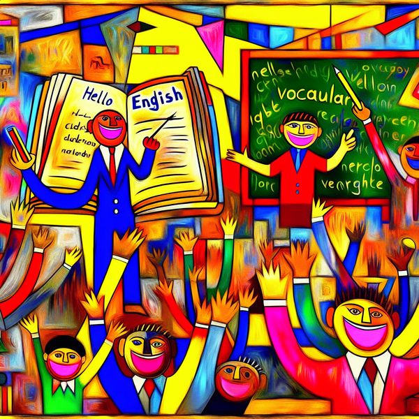 Engels leren in de klas: kleurrijke abstracte voorstelling van het schoolvak Engels Abstracte klaslokaalscène in stijl van Karel Appel met levendige kleuren en speelse Engelse woorden zoals 'hello' en 'vocabulary', die het leren van Engels als schoolvak uitbeeldt