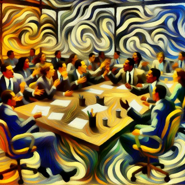 Diverse Groep Bespreekt Belangrijke Regelingen in Chaotisch Kantoor Abstract expressionist schilderij van een diverse groep mensen die fervent een regeling bespreken aan een grote tafel in een chaotische kantooromgeving.