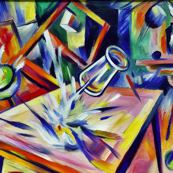 Abstract expressionist painting showing a glass tumbling off a table, representing a chaotic moment.