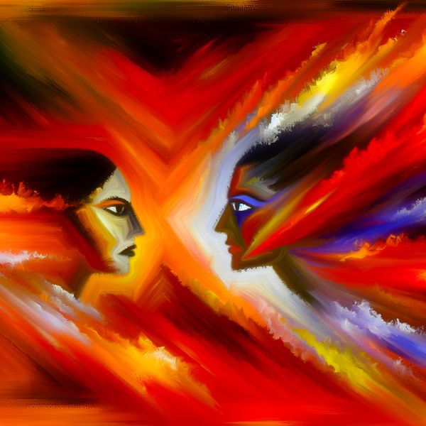 Vurige Blikken van Liefde - Abstracte Kunst Abstract expressionistisch kunstwerk van twee mensen die elkaar aankijken in vurige kleuren die liefde symboliseren.
