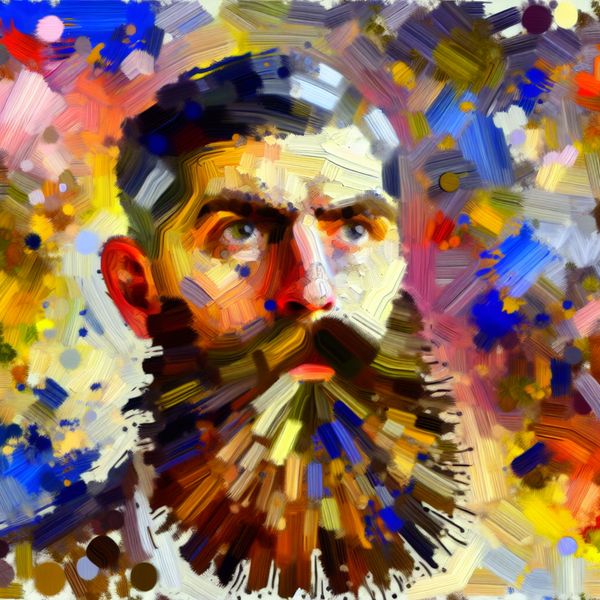 Abstracte uitdrukking van een man met een mooie baard Abstract expressionistisch portret van een man met een volle, mooie baard, geschilderd met krachtige penseelstreken.