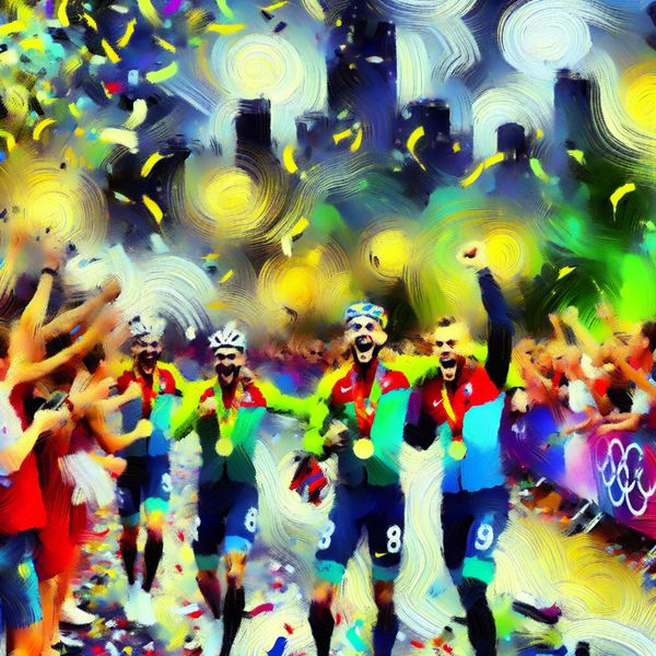 Feestelijke overwinning viering door atleten Abstract expressionistisch schilderij van atleten die feestelijk vieren na een overwinning met medailles in een chaotische, kleurrijke omgeving.