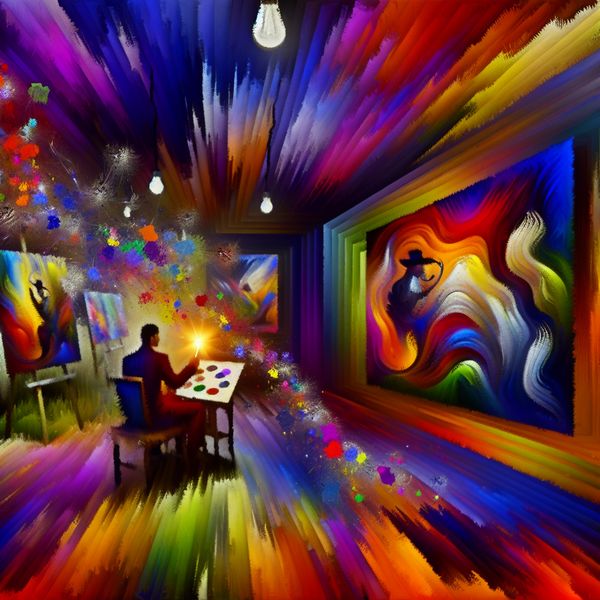 Abstract Expressionisme: Volgen van de Stijl van een Mentor Abstract expressionistisch schilderij van een kunstenaar die de stijl van zijn mentor volgt, omringd door kleurrijke doeken en verfspatten.