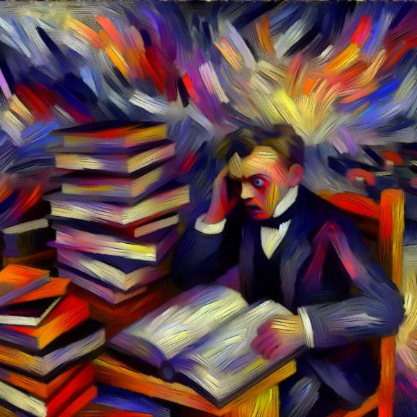 Frustratie van een student in abstracte expressie Abstract expressionistisch kunstwerk van een student die gefrustreerd achter een bureau zit, omringd door stapels boeken en papieren, met wervelende kleuren op de achtergrond
