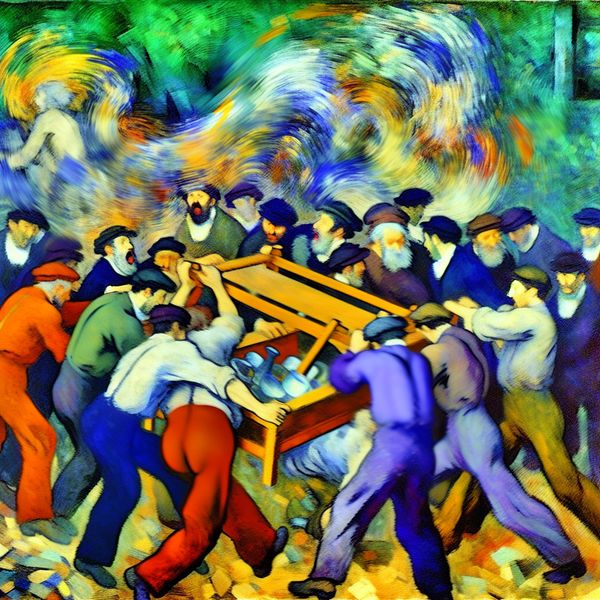 Abstract Expressionistische Afbeelding van Mensen die een Tafel Optillen Abstract expressionistisch kunstwerk van een groep mensen die een zware tafel optilt met uitvergrote bewegingen en levendige kleuren.