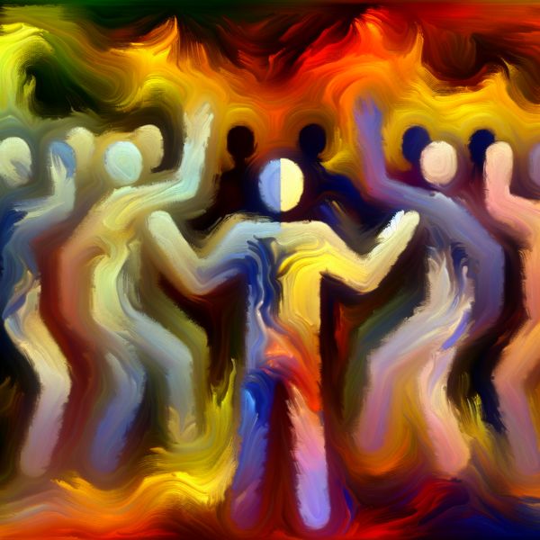 Heftige discussie in abstract expressionisme Abstract expressionistisch kunstwerk dat een verhitte discussie uitbeeldt met een centraal figuur in een agressieve houding, omringd door chaotische vormen en felle kleuren.
