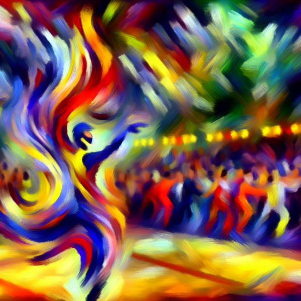 Dynamische Dansbeweging in Abstracte Expressie Abstract expressionistisch schilderij van een danser in een dynamische beweging tijdens een competitie, met levendige kleuren en krachtige penseelstreken.