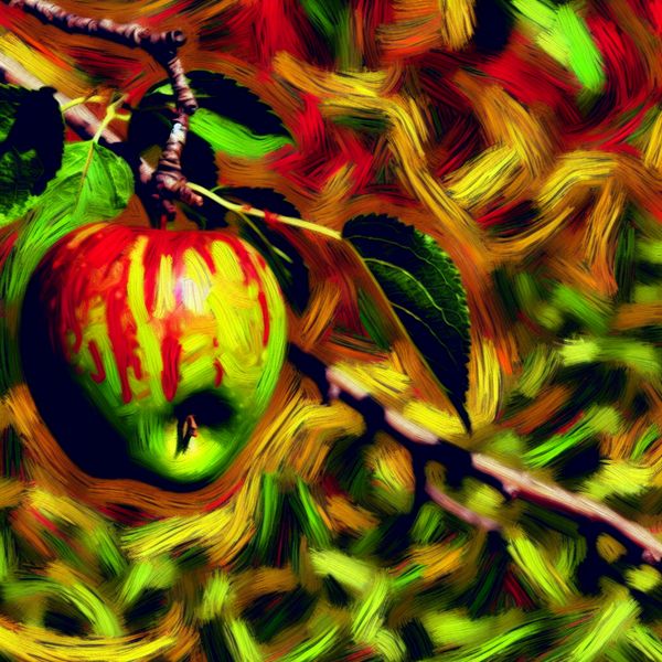 Abstract expressionistisch schilderij van een sappige rode appel aan een boom in een tuin, met levendige kleuren en dynamische penseelstreken