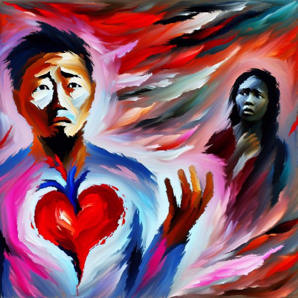 Abstracte expressie van herkennen en liefde Abstract expressionistisch schilderij van een man die voor een vrouw staat en zijn hart toont, symboliserend zijn gevoelens van liefde en kwetsbaarheid.