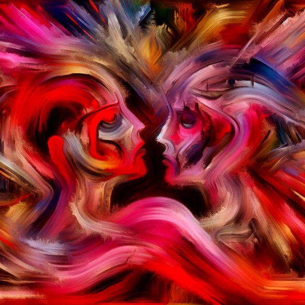 Abstracte liefdesverbinding - emotionele relatie in expressionistische stijl Abstract expressionistisch schilderij van twee verstrengelde figuren in warme kleuren, symboliserend een romantische liefdesband