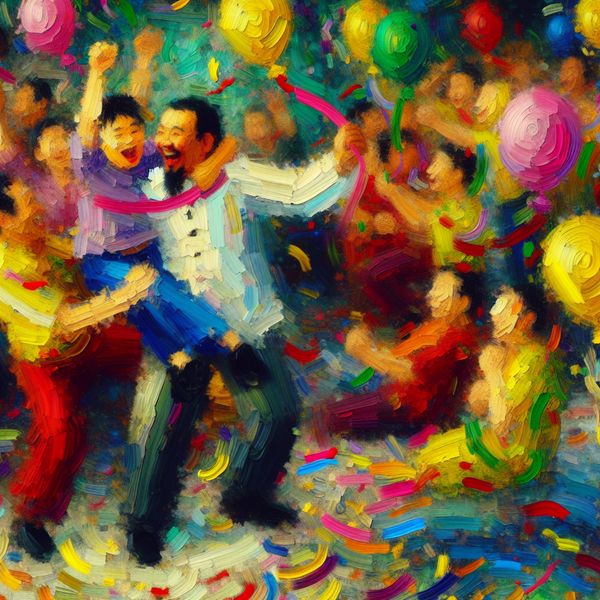 Vibrant Familie Verjaardag In Abstracte Expressieve Stijl Abstract expressionist kunstwerk van een diverse familie die een verjaardag viert, met een man die een jongere man omhelst te midden van ballonnen.