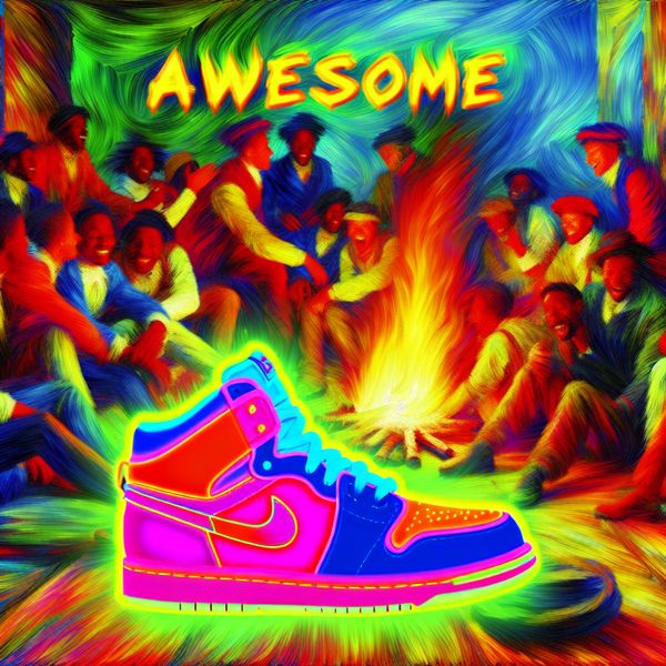 Abstract expressionistisch schilderij van een levendige feestscène met stralende jongeren en opvallende, magisch gloeiende sneakers die 'shit' (geweldig) zijn