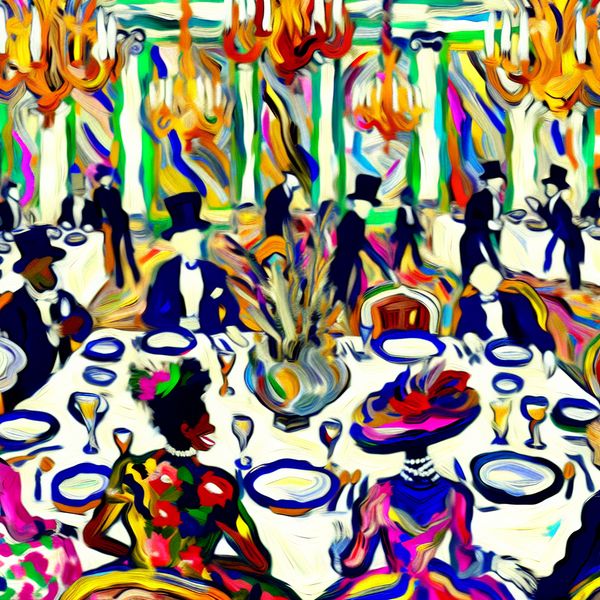 Abstracte voorstelling van een feestelijk diner met levendige gasten, kleurrijk servies en een uitbundige sfeer in de stijl van Karel Appel