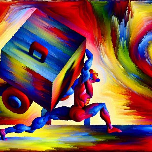 Kracht en inspanning: abstracte weergave van fysieke arbeid in stijl van Karel Appel Abstracte voorstelling van een persoon die met grote inspanning een zware doos optilt, geschilderd in expressieve, kleurrijke penseelstreken