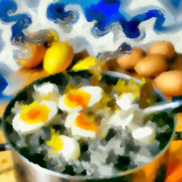 Abstracte voorstelling van gaar koken: eieren en aardappelen in kokend water Abstract expressionistisch schilderij van een pan kokend water met eieren en aardappelen, gaar maken in levendige kleuren