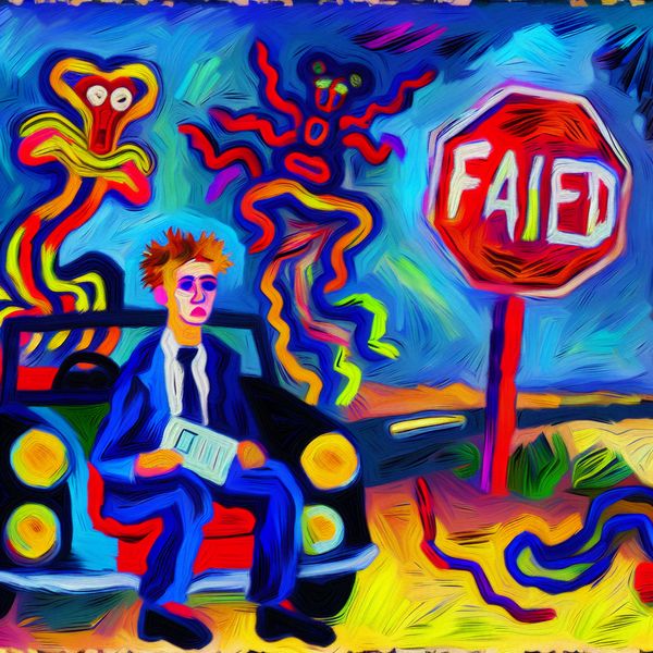 Abstracte voorstelling van een jonge man die teleurgesteld in een auto zit met een groot rood 'GEZAKT'-stempel op zijn rijbewijs na een mislukte rijexamen