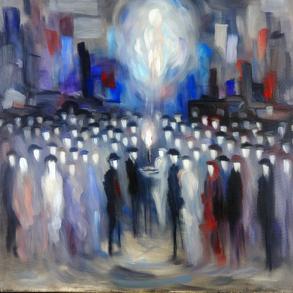 Herdenkingsceremonie in abstract expressionistische stijl - ter nagedachtenis aan slachtoffers Abstract expressionistisch schilderij van een ingetogen herdenkingsceremonie met chaotische, emotionele penseelstreken en donkere kleuren, ter nagedachtenis aan slachtoffers