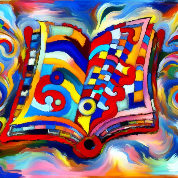Abstract schilderij in stijl van Karel Appel met dynamisch open boek waarin een terugkerend thema verschijnt, symboliserend herhaling en terugkeer van symptomen of herinneringen
