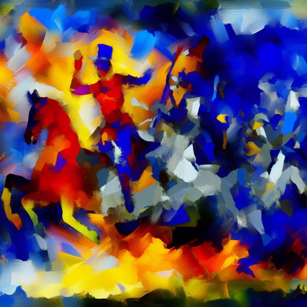 Herstel en veerkracht: abstracte voorstelling van triomf na tegenslag Abstract expressionistisch schilderij van een figuur die triomfantelijk oprijst uit chaotische kleuren, symboliserend herstel en veerkracht na tegenslag