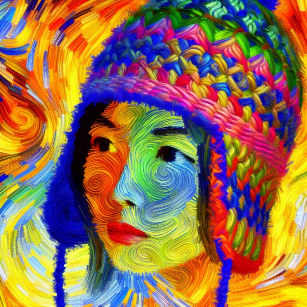 Abstracte illustratie van een menselijk hoofd met kleurrijke penseelstreken en een gebreide wintermuts, focus op de buitenste laag van het hoofd waar haar groeit