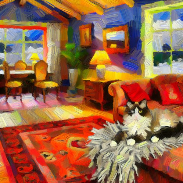 Abstract expressieve afbeelding van een slapende huiskat op een bank in een gezellige woonkamer.