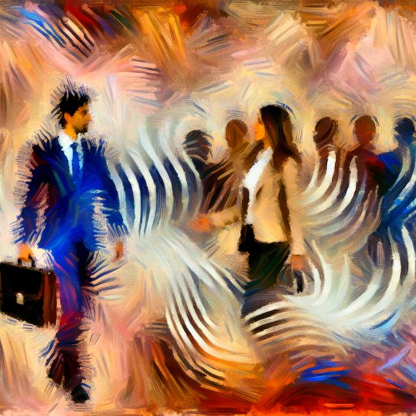 Abstract expressionistisch schilderij van een echtpaar dat een echtgenoot voorstelt aan collega's, met dynamische penseelstreken en levendige kleuren