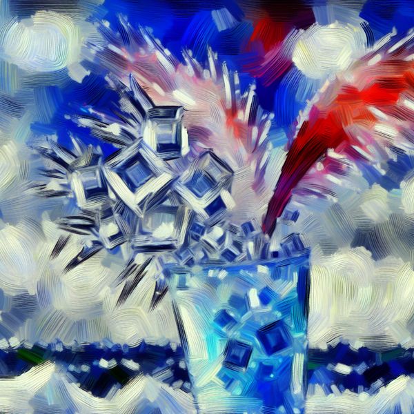 Abstracte kunst van ijs in een bruisende drank Abstract expressionistische afbeelding van ijsblokjes die in een kleurrijke bruisdrank vallen, met dynamische penseelstreken.