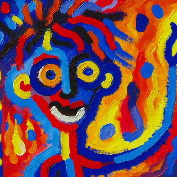 Abstract portret van een individu: expressieve kunst voor taalonderwijs Abstract schilderij van een vriendelijke persoon met expressieve, kinderlijke trekken in felle kleuren, symbool voor individualiteit en menselijkheid