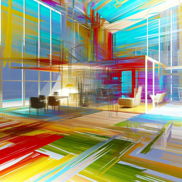 Abstracte interieurdesign geïnspireerd door Willem de Kooning Abstracte compositie geïnspireerd door Willem de Kooning, toont een modern interieur met grote ramen en levendige kleuren.