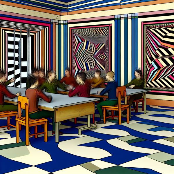 Creatieve workshop over tutoyeren in een abstract klaslokaal Abstracte klaslokaalsetting met deelnemers in een informele conversatie, gebruikmakend van tutoyeren, omringd door creatieve geometrische patronen.