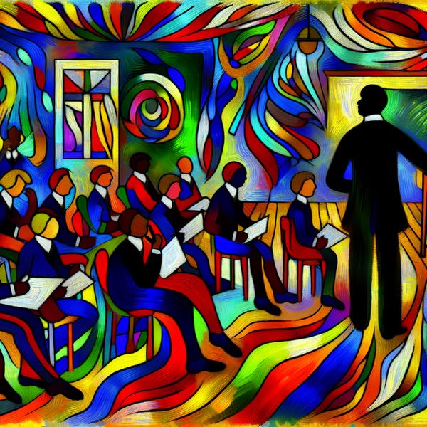 Vrijheid in het klaslokaal: abstracte expressie van creatieve mogelijkheden Abstracte klaslokaal scène met een leraar en leerlingen die creatief bezig zijn, symboliserend vrijheid en mogelijkheden in het onderwijs