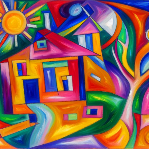 Een abstracte en kleurrijke compositie met een oversized huis in een fantasielandschap, geïnspireerd door Karel Appel.