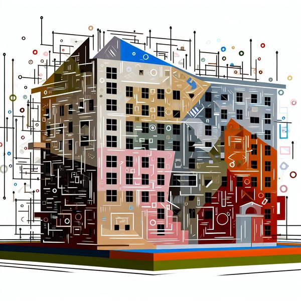 Abstracte illustratie van een kleurrijk, speels gebouw bestaande uit geometrische vormen en onderling verbonden lijnen, symboliserend complexe relaties en kennis.