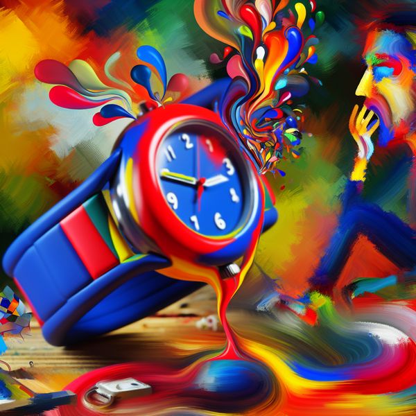 Abstract Kleurrijk Polshorloge Geïnspireerd Door Karel Appel Een abstracte afbeelding van een groot, kleurrijk polshorloge met overvloedige wijzers en cijfers, omringd door een dynamische achtergrond van felle kleuren.