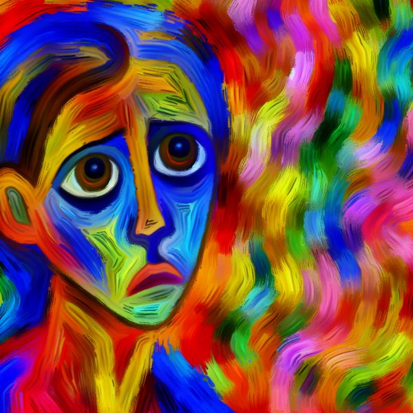 Kleurrijk abstract portret met droevige uitstraling Abstract kleurrijk portret van een persoon met een droevige expressie en voelbare ogen