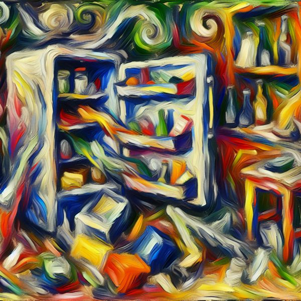 Abstract expressionistisch schilderij van een chaotische keuken met een open koelkast waarvan de inhoud dramatisch naar buiten vliegt tijdens het opruimen