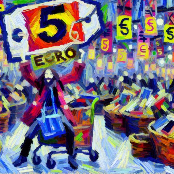 Abstract schilderij koopje boek 5 euro - goedkope aanbieding in levendige markt Vrolijke abstracte marktscène in stijl van Karel Appel met persoon die goedkoop boek van 5 euro vasthoudt, omringd door kleurrijke koopjes en uitverkoopborden